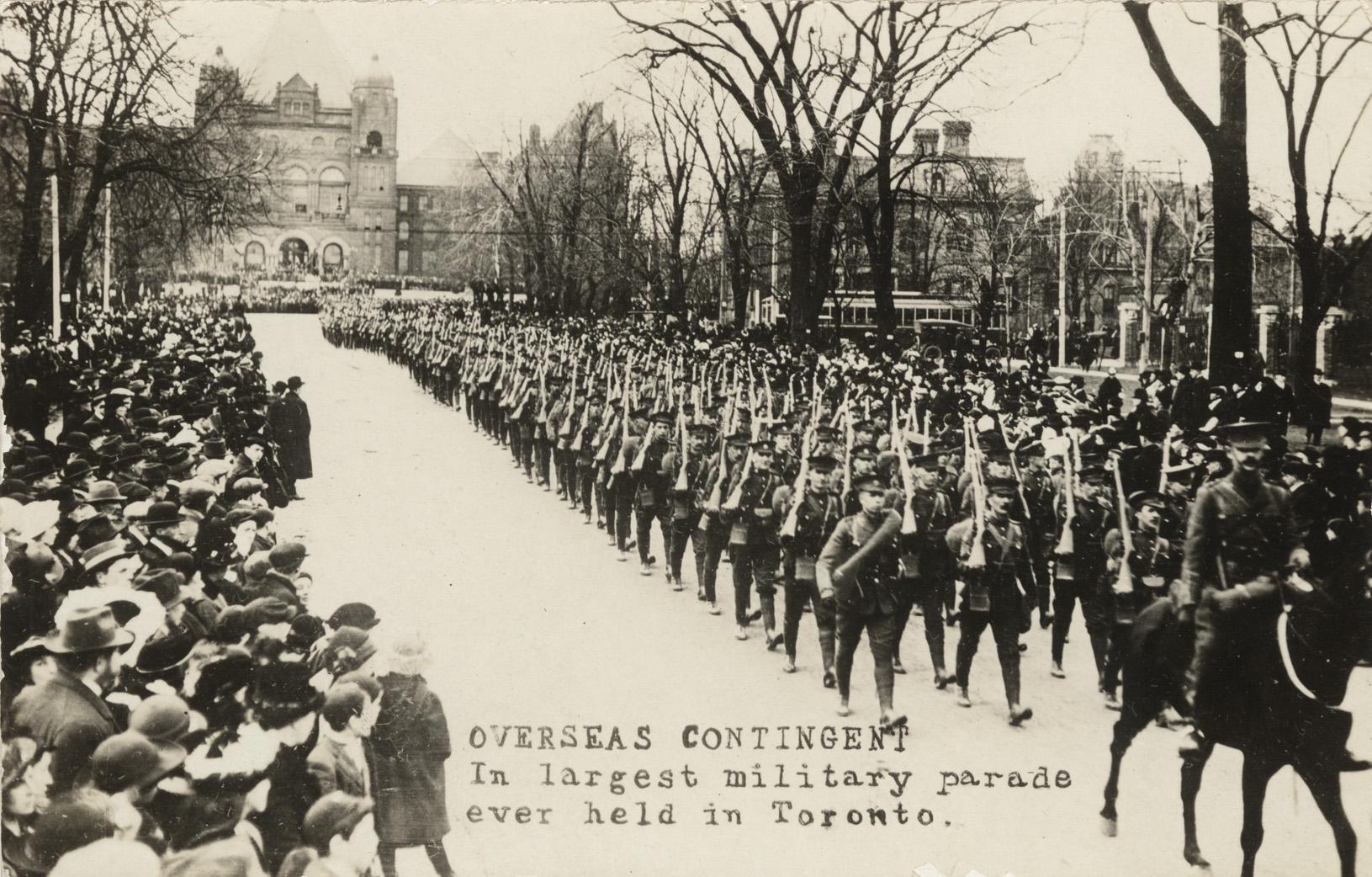Overseas contingent in  largest military parade ever held in Toronto, 1915