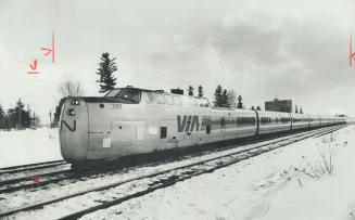 CN Turbo train, photographed near Guildwood station, already wears VIA paint job