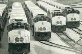Ready for action! Go trains are lined up and waiting to go at the railway yards at Bathurst and Front Sts