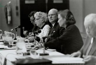 Bishop's court: Rev. James Ferry (Inset) is being judged by, from left, Canon Gordon Baker, Dr. Dorothy Ley, former justice William Parker, Rev. Victoria Matthews and, not shown, Dr. John Graham