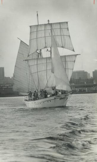 Sailing majestically from Toronto Harbor, the brigantine Pathfinder sets out for a cruise on Lake Ontario, carrying most of its 22,000 square yards of sail. She cost $150,000 seven years ago