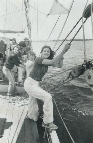Sailing's strenuous on a vessel the size of the 60 foot square-rigged, two-masted brigantine, the Playfair especially when it's time to trim the sails(...)