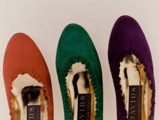 Above, a trio of suede flats in the brilliant colors that are popping up in shoe racks this fall for the first time in years, $225 each, Davids
