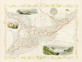 Vignettes around the map incllude a scene of Kingston, a group of Indigenous men, Niagara Falls…