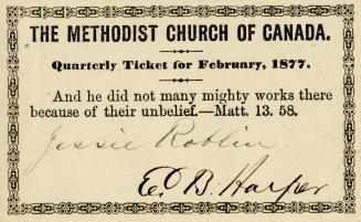Methodist Church Of Canada Quarterly Ticket For February, 1877