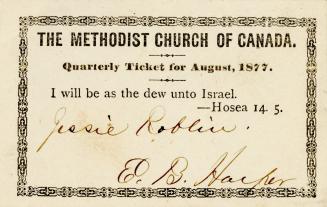 Methodist Church Of Canada Quarterly Ticket For August, 1877