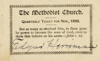 Methodist Church Quarterly Ticket For November 1892