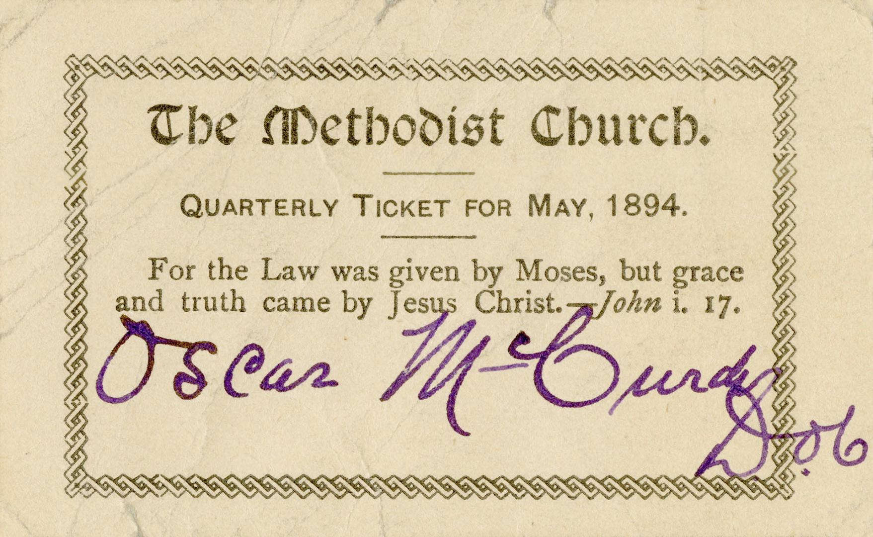 Methodist Church Quarterly Ticket For May, 1894