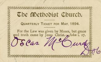 Methodist Church Quarterly Ticket For May, 1894