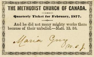 Methodist Church Of Canada, Quarterly Ticket for February, 1877