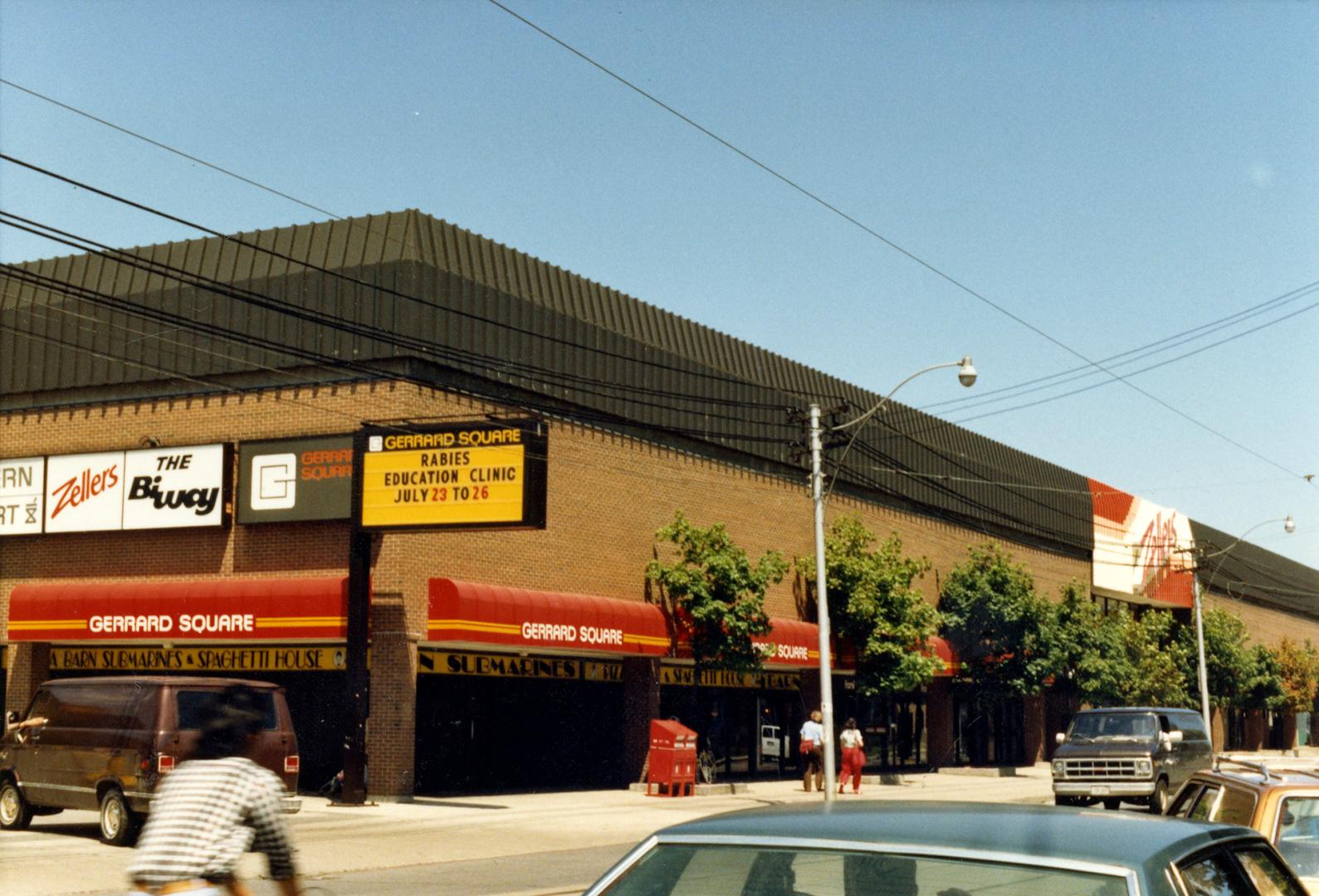 Image shows Gerrard Square mall from the street.