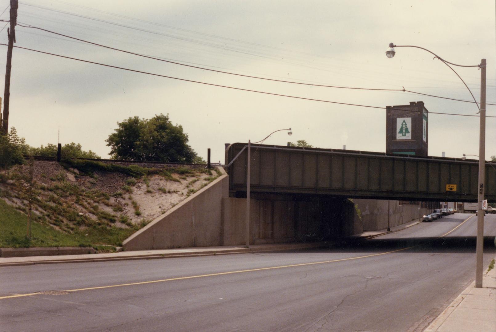 Logan, final grade GT crossing (Pape Ave, looking north from north of Gerrard Street East showing CNR crossing)