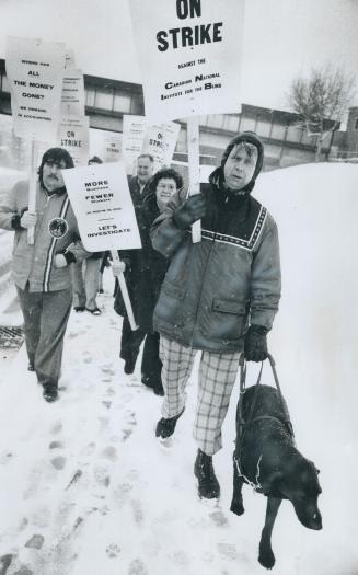 Orville reid and his dog, Bambi, lead a picket line today outside the Canadian National Institute for the Blind headquarters on Bayview Ave. Pickets, (...)