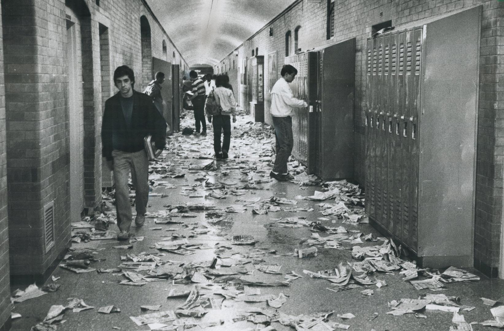 Hallways are littered with waste at Central Technical School today as strike of maintenance workers continues against the Toronto Board of Education