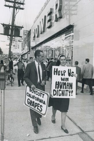 Picketing supermarket, Sister Mary Donovan, of Cenacle Retreat House, walks with other pickets outside Power Super Markets Ltd. store on Eglinton Ave.(...)