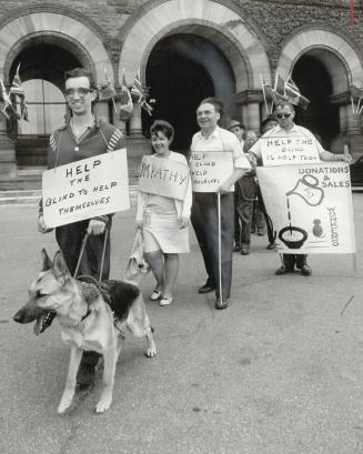 Seeing eye dog guides pickets outside queen's park, Broom workers walked off CNIB job demanding higher wages