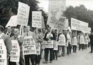 Printers, Sympathizers March, About 1,500 printers and sympathizers carry brief to Premier Robarts asking him to use influence to get publishers and printers back at bargaining table