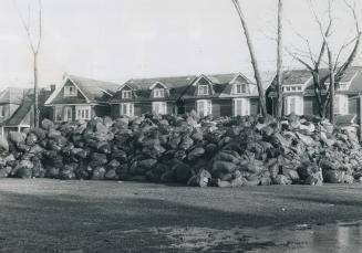 Garbage piled high in Eglinton Park, in North Toronto, blocks the view of lower floor of houses on Roselawn Ave