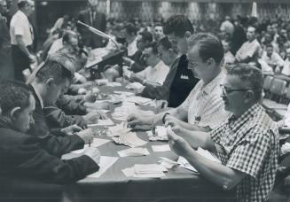 Votes counted at Royal York hotel to decide if inside postal workers would strike, The ballot count was 906 in favor of a strike and 286 opposed. Metro mail is tied up completely