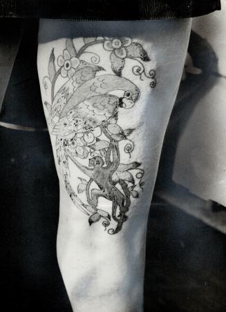 Brenda Cotterell is well-tattood, Bird pattern on leg is one of 21 designs
