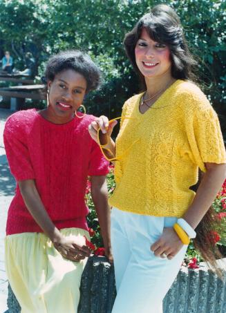 New fabric: Susan Stoute (left) and Angie DeVoe model sweaters made of ramie, a cotton substitute