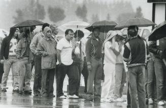 Wet wait: Raincoats, umbrellas and hoods offered some refuge from the heavy rains that made waiting in line a dreary experience for AMC job applicants at Wonderland yesterday