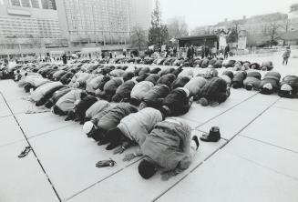 Bow to Mecca: About 200 Muslims prostrate themselves on the cold concrete of Nathan Phillips Square yesterday at a rally for peace