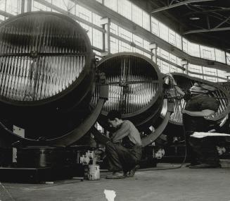 Here are four of the stationary lights lined up for shipping in the Canadian General Electric Peterboro plant