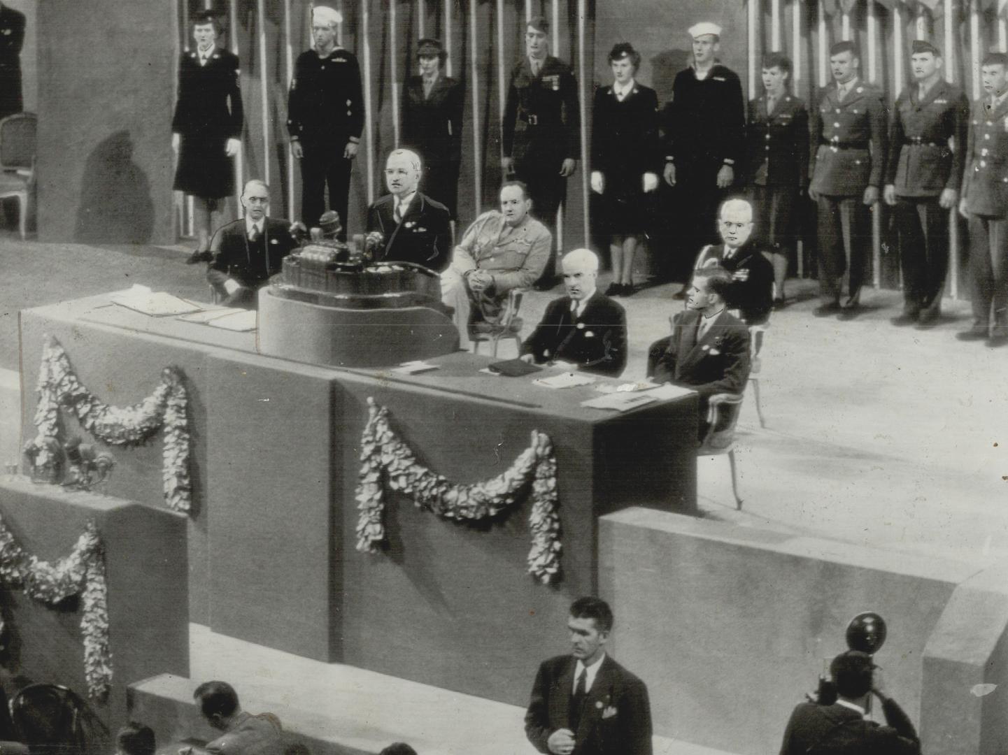 Final address at the San Francisco conference was given by President Truman, seen here on the rostrum as he declared that the new charter created a gr(...)