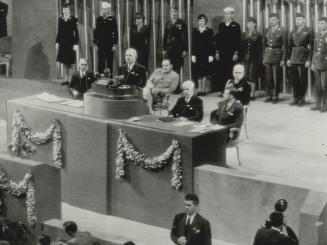 Final address at the San Francisco conference was given by President Truman, seen here on the rostrum as he declared that the new charter created a gr(...)