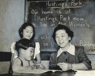 Miss Hide Hyoto, British Columbia's only Japanese public school teacher, who is serving voluntarily, after her school closes, at Hastings park, Vancou(...)
