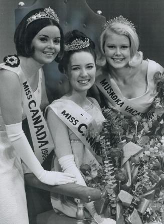 Canada's Centennial Queen, Vancouver's Barbara Kelly, 19, brown-haired, blue-eyed student, won Miss Canada 1967 title last night. The 1966 queen, Dian(...)