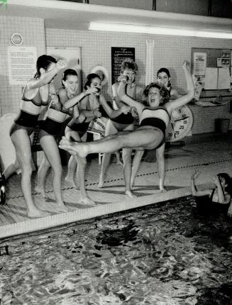 Getting ready to take the plunge, Contestants for the Miss Teen Canada pageant 1987, to be held March 2, whoop it up as Miss Sarnia, Sonja Bouma, age (...)