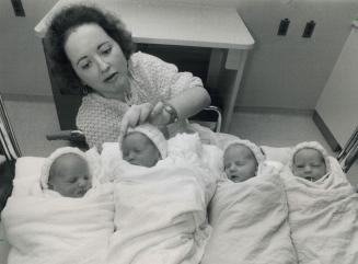 The pride of the quad squad, Proud mom Lolita Stewart, 36, shows off her newborn quadruplets yesterday in their first official photo: Vanessa, left, Joan, Matthew and Neil