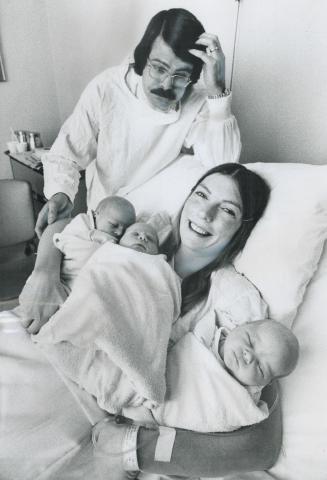 A 24-pound triple play, Weighing in at just under 24 pounds yesterday, triplet daughters of Peter and Nancy Case of Thornhill are the biggest triplets ever delivered at Wellesley Hospital