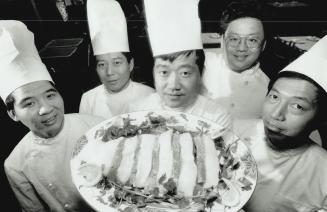 Banquet maestros: From left, chen Hai Di, Xu Cal Long, Zhao Ren Liang, Frank Hsu and Zhang Zhen Zinf helped create a 14-course Chinese banquet