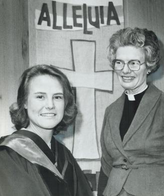 New minister: Rev. Claire E. Holmes, 27, left, the first woman in 32 years ordained into the Baptist ministry, is congratulated by Rev. Muriel Carder (...)