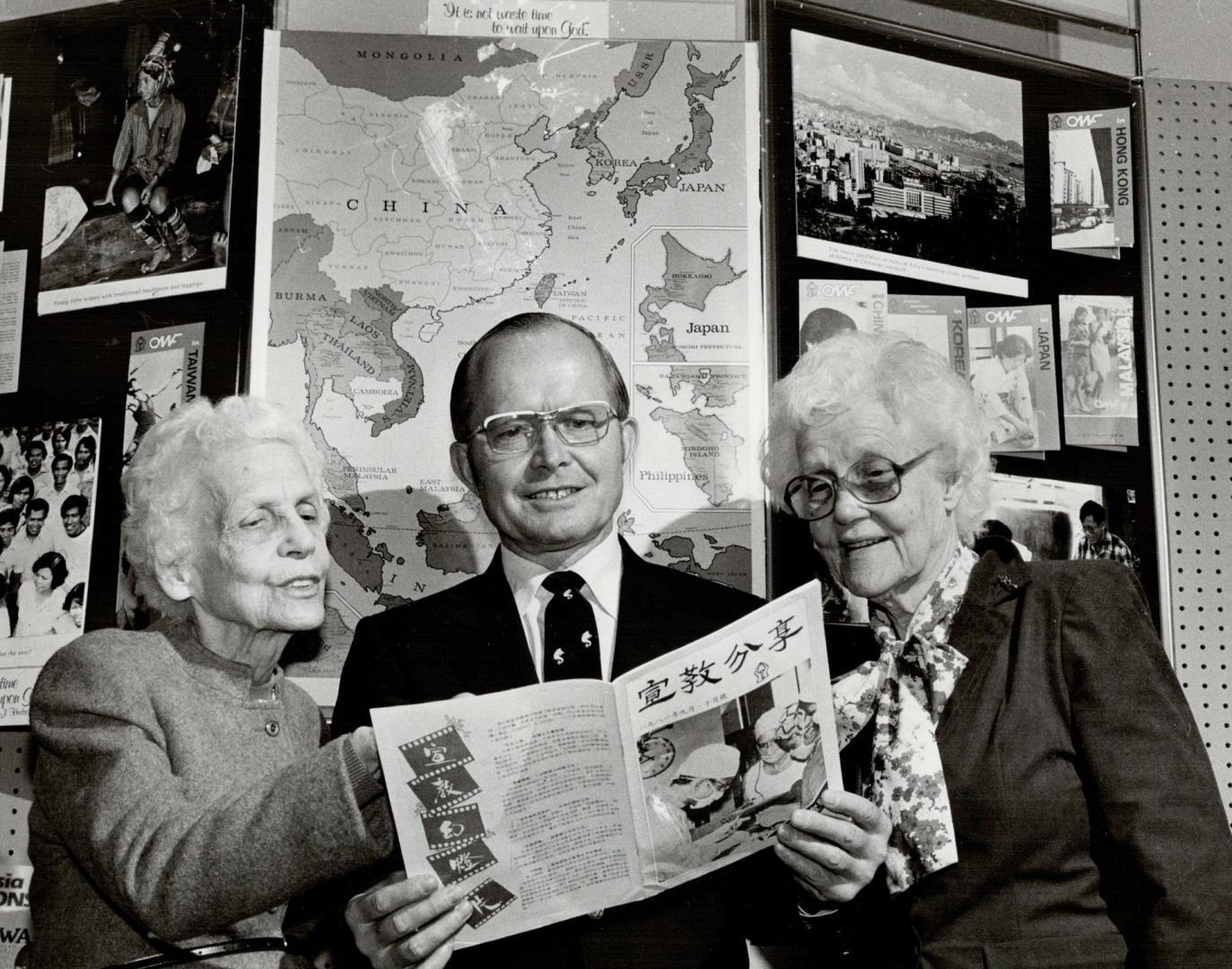Missionaries remember: Rev. James Taylor, general director of Overseas Mission Fellowship, reminisces with former missionaries Isabel Taylor (no relat(...)