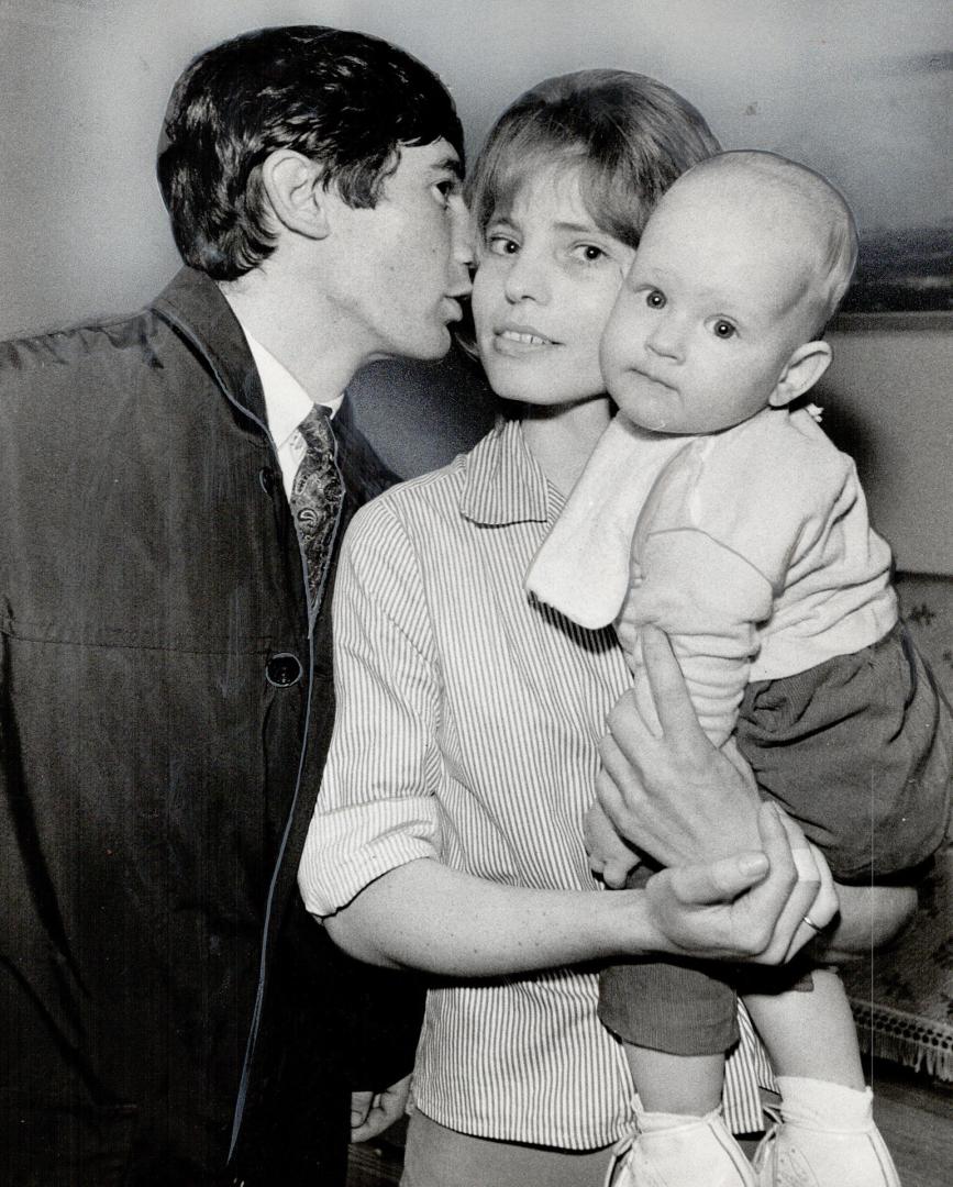 Mrs. Seka Cecich and year-old son Dennis bid Slovako Smoljan goodby as he leave for airport