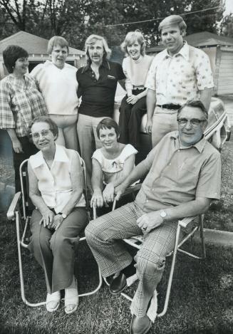 Brothers and sisters reunited after 25 years are, back row (from left), Lorraine Sanders, Joanne Gray, Fred Lefler, Doreen McFarlane and Doug Gray. In front are Ruth Nelson, Ann Jones and Jim Nelson