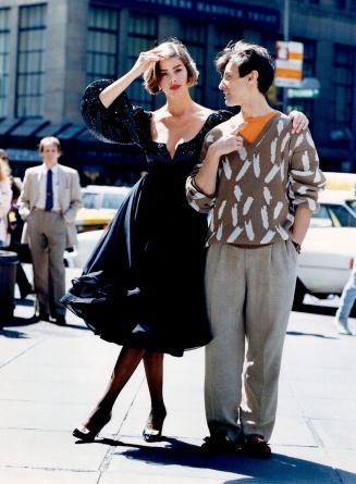 Above, designer Gerald Franklin with model wearing his black low-cut silk chiffon dress, about $900