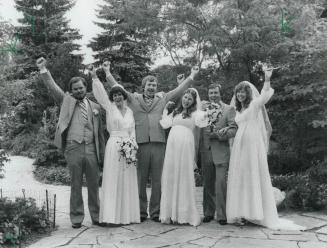 What a sendoff! From the left at Edwards Gardens yesterday, the three McDonald sisters their grooms are Tim and Maureen Wilson, Mark and Janet Sankey and Ray and Barbara Bubel