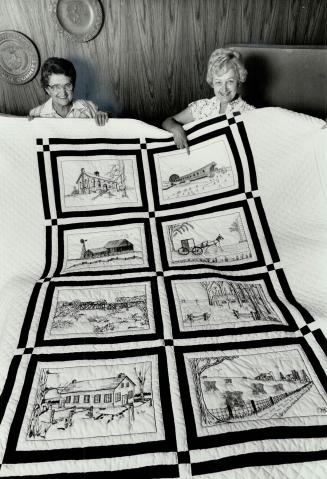 Waterloo scenes: Erma Shantz, left, and Nancy Bauman were only two among the eight women who took 300 hours to complete embroidered quilt