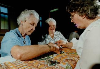 Quilting and chatting, (left to right) Tina Langeman, Mary Reimer, Maie Enns, Hedi Wiens and Anna Toews get together every Wednesday to work on their three quilts