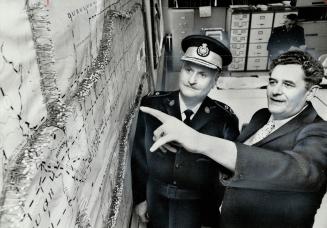 Traffic accidents and patrol points are marked by pins in the map of the area covered by Downsview detachment of the Ontario Provincial as Staff Super(...)