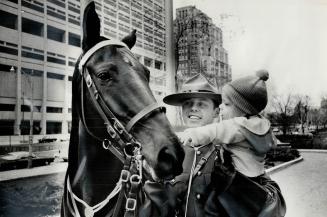 The Mounties hold on to their man, Constable Brain Rogers of the Royal Canadian Mounted Police musical ride introduces his horse, Eric, to 17-month-ol(...)