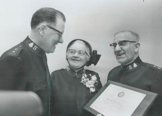 A police award for the brigadier, Salvation Army Brigadier Stanley Jackson (left) and Brigadier Reg Ramsey congratulate Brigadier Phoebe Bolton after (...)