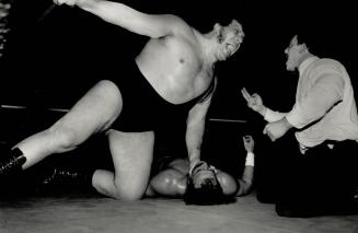 Hot hype: Andre The Giant spews vitriol at the referee as fans put in their two cents' worth