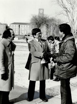 The incumbent: Tory Immigration Minister Ron Atkey (centre) meets constituents outside famous Upper Canada College landmark