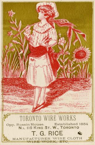 Illustration of a young woman standing near a field with tall flowers. She is wearing a dress w ...